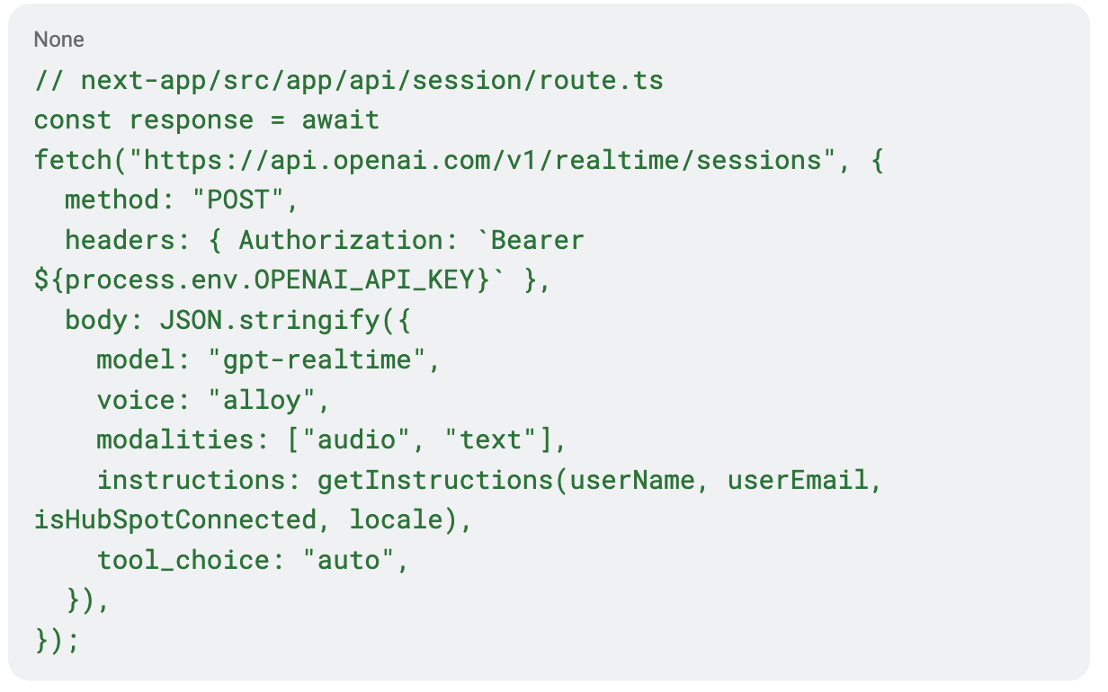Code screenshot ephemeral token aanvraag Next.js