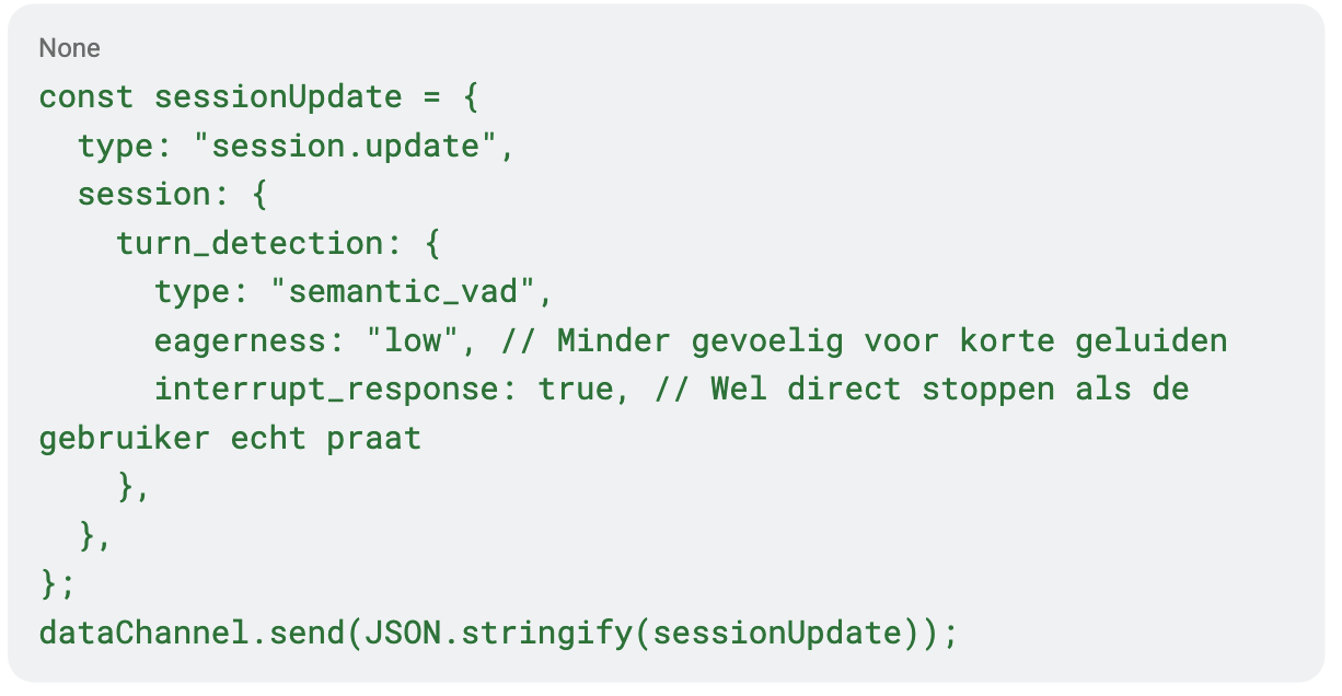 Code screenshot Semantic VAD configuratie datakanaal