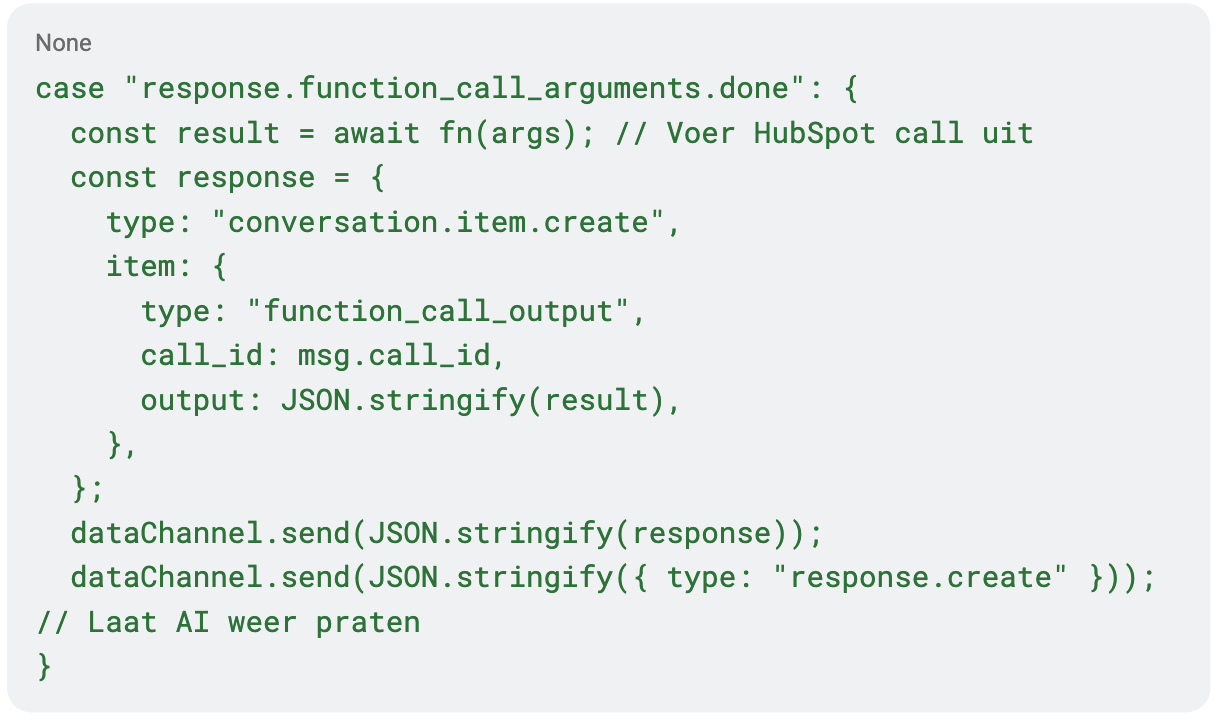 Code screenshot datakanaal response loop implementatie