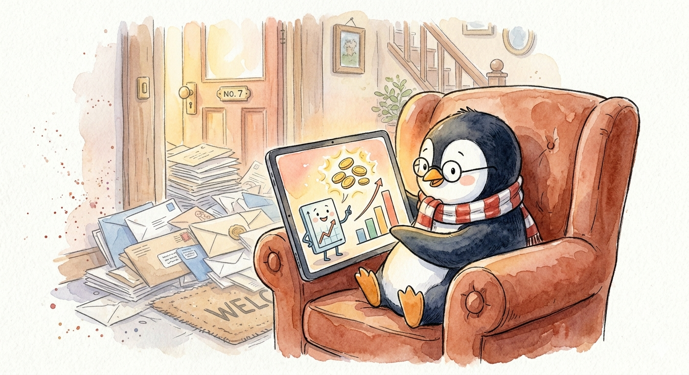 Een pinguïn kijkt ontspannen naar een persoonlijke pensioenvideo op een tablet
